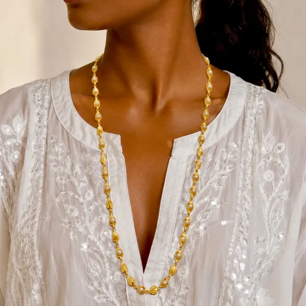 Gold_Micro_Plated_Copper_Leaf_Pearl_Link_Necklace_For_Women