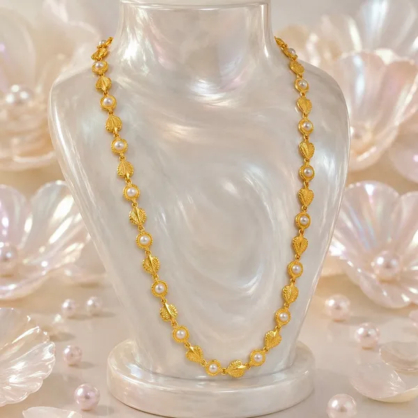 Gold_Micro_Plated_Copper_Leaf_Pearl_Link_Necklace_For_Women