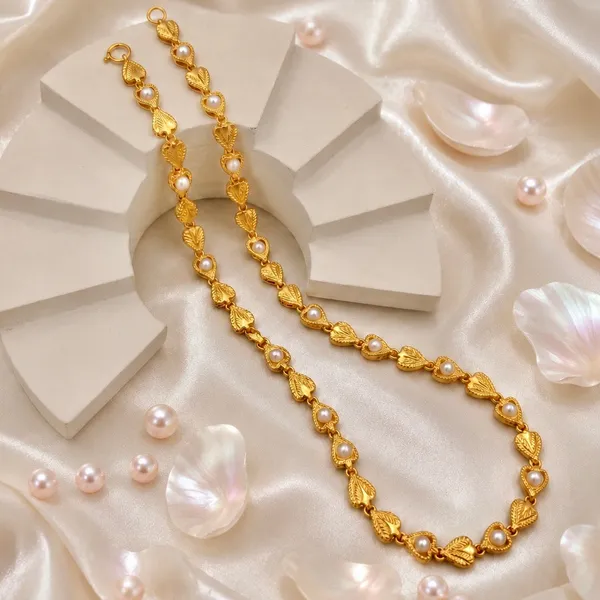 Gold_Micro_Plated_Copper_Leaf_Pearl_Link_Necklace_For_Women