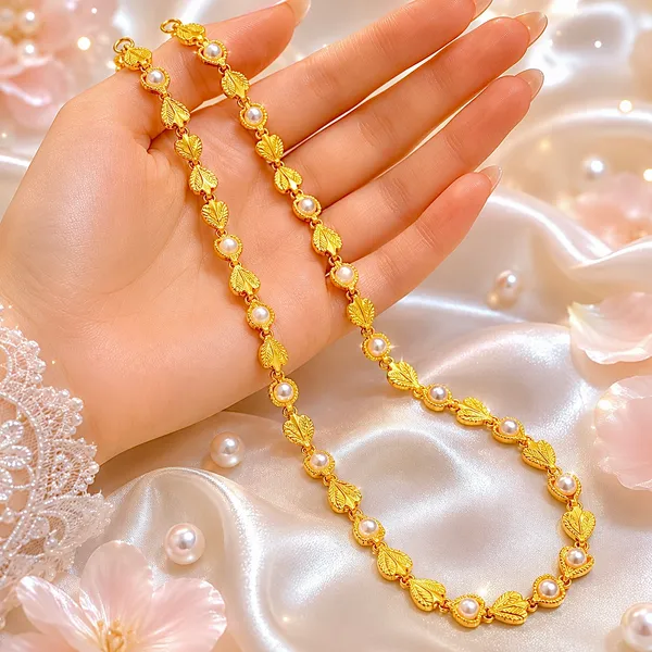 Gold_Micro_Plated_Copper_Leaf_Pearl_Link_Necklace_For_Women