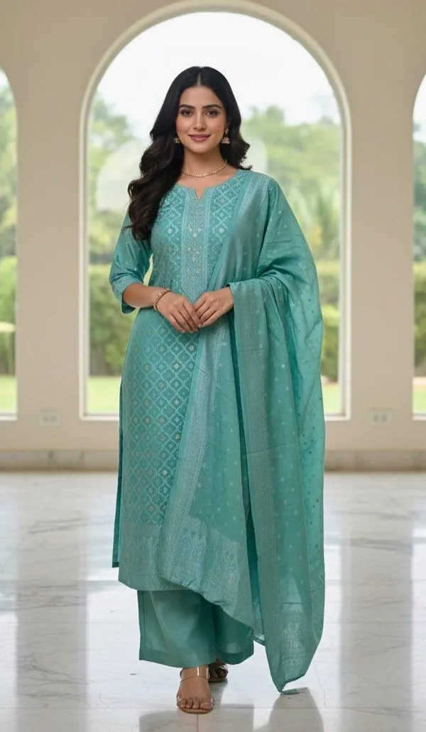 Sea_Green_Jacquard_Printed_Straight_Kurta_Palazzo_Set_For_Women