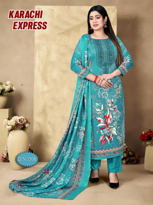 Turquoise_Cotton_Printed_Straight_Unstitched_Kurta_Palazzo_Set_For_Women
