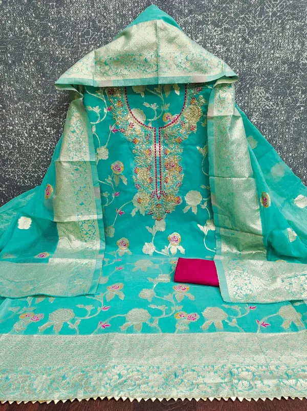 Turquoise_Banarasi_Silk_Embroidered_Unstitched_Suit_For_Women