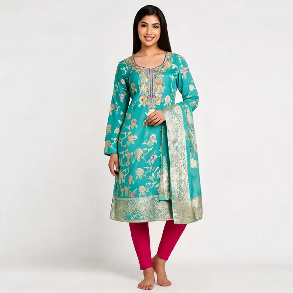 Turquoise_Banarasi_Silk_Embroidered_Unstitched_Suit_For_Women