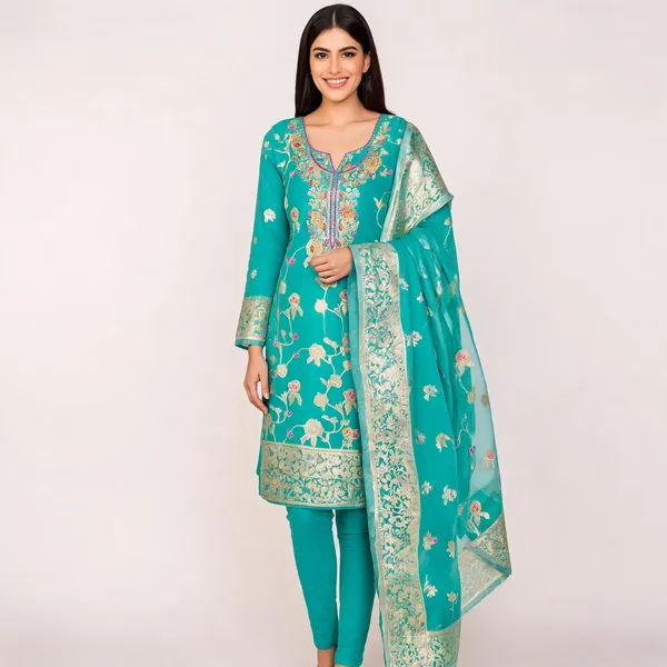 Turquoise_Banarasi_Silk_Embroidered_Unstitched_Suit_For_Women