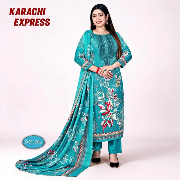 Turquoise_Cotton_Printed_Straight_Unstitched_Kurta_Palazzo_Set_For_Women