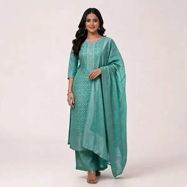 Sea_Green_Jacquard_Printed_Straight_Kurta_Palazzo_Set_For_Women