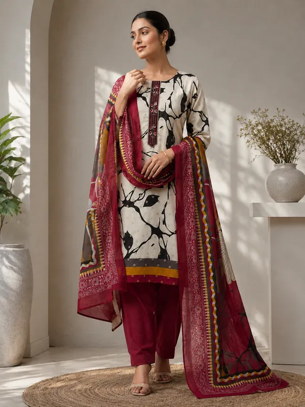 Premium_Cotton_Printed_Unstitched_Kurta_Set_for_Women_|_Elegant_Embroidered_Neck_|_Kurta,_Bottom_&_Dupatta
