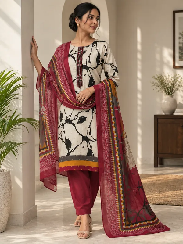Premium_Cotton_Printed_Unstitched_Kurta_Set_for_Women_|_Elegant_Embroidered_Neck_|_Kurta,_Bottom_&_Dupatta