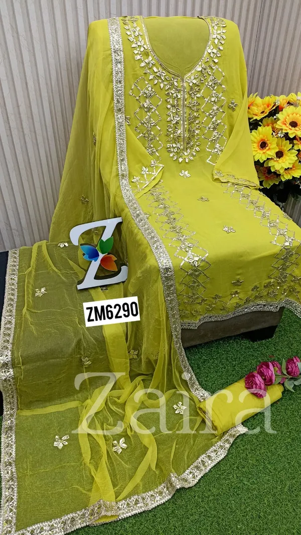 Lime_Yellow_Georgette_Gota_Patti_Embroidered_Unstitched_Kurta_For_Women