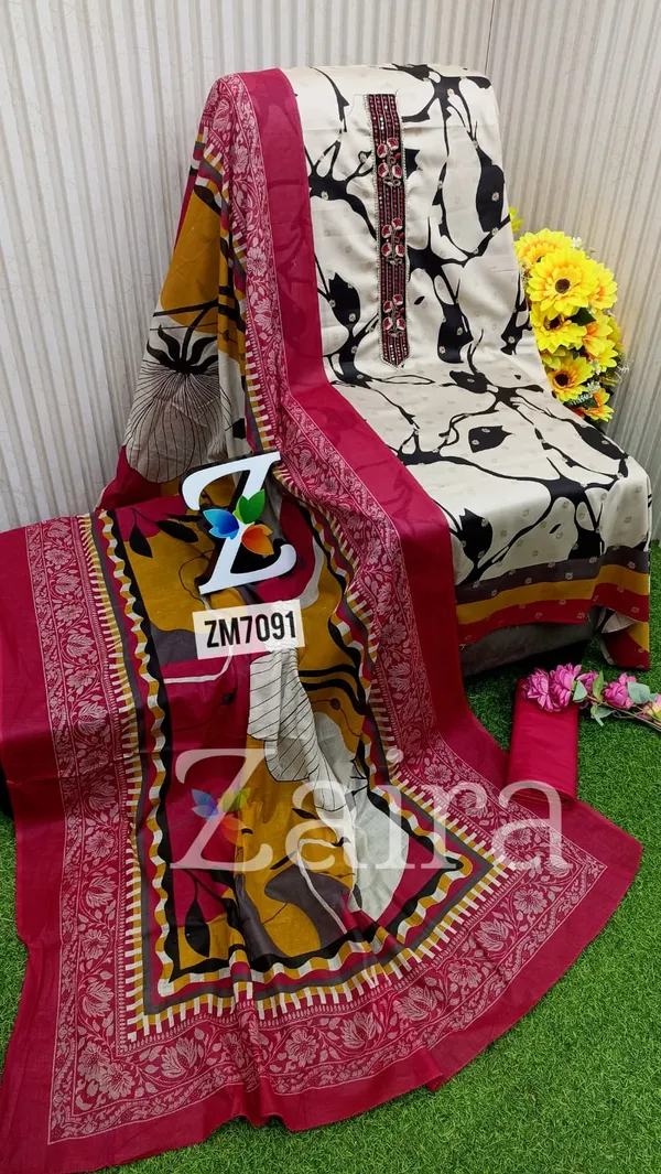 Premium_Cotton_Printed_Unstitched_Kurta_Set_for_Women_|_Elegant_Embroidered_Neck_|_Kurta,_Bottom_&_Dupatta
