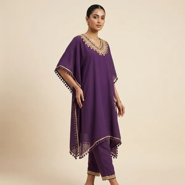 Purple_Modal_Muslin_Embroidered_Kaftan_Suit_For_Women