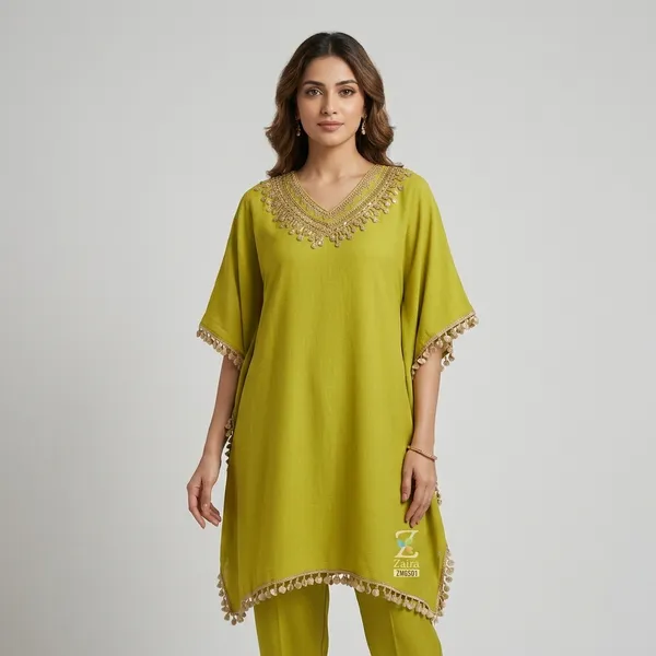 Mustard_Yellow_Modal_Muslin_Embellished_Kaftan_Set_For_Women