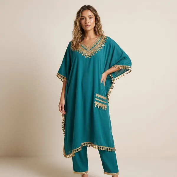 Teal_Modal_Muslin_Embroidered_Kaftan_Kurta_Set_For_Women