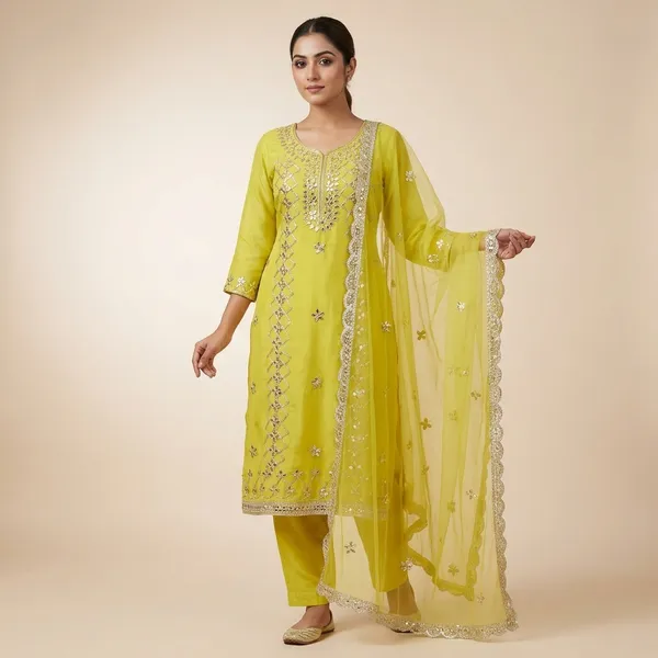 Lime_Yellow_Georgette_Gota_Patti_Embroidered_Unstitched_Kurta_For_Women