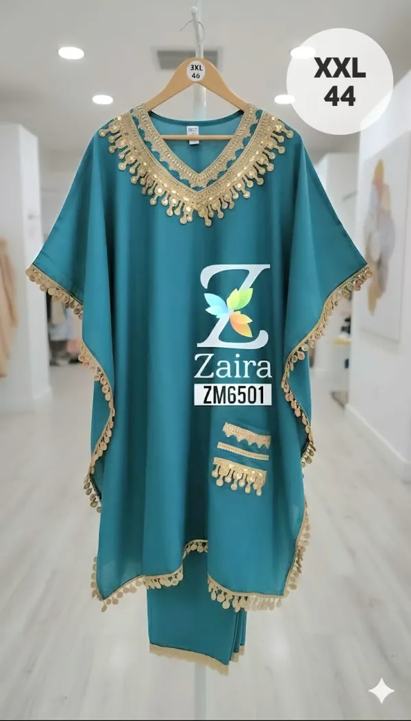Teal_Modal_Muslin_Embroidered_Kaftan_Kurta_Set_For_Women