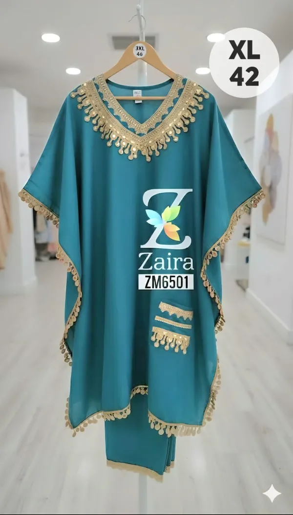 Teal_Modal_Muslin_Embroidered_Kaftan_Kurta_Set_For_Women