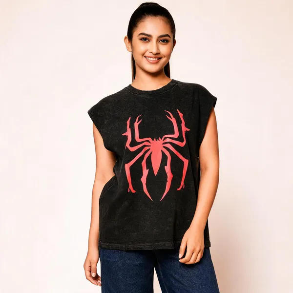 Black_Cotton_Oversized_Sleeveless_Spider_Print_T-Shirt_For_Unisex
