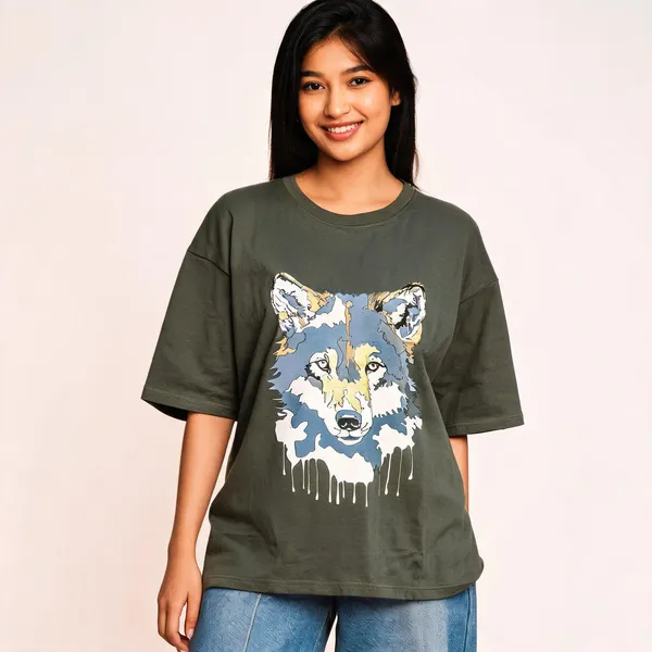 Olive_Green_Cotton_Oversized_Wolf_Print_T-Shirt_For_Unisex