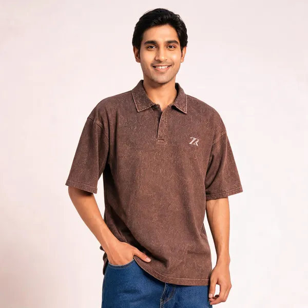 Brown_Cotton_Washed_Oversized_Polo_T-Shirt_For_Unisex