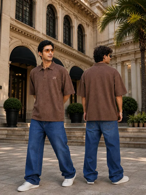 Brown_Cotton_Washed_Oversized_Polo_T-Shirt_For_Unisex