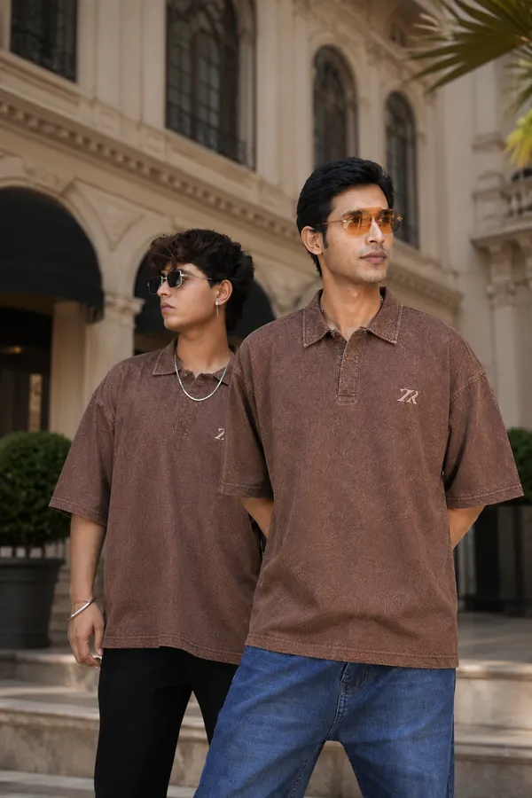 Brown_Cotton_Washed_Oversized_Polo_T-Shirt_For_Unisex