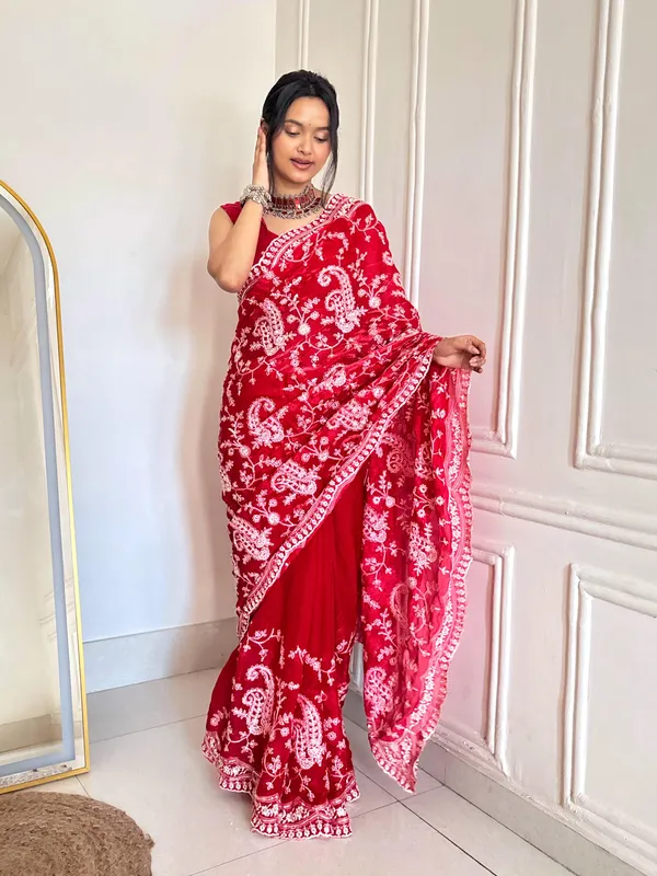 Red_Satin_Silk_Paisley_Embroidered_Saree_With_Blouse_Piece_For_Women