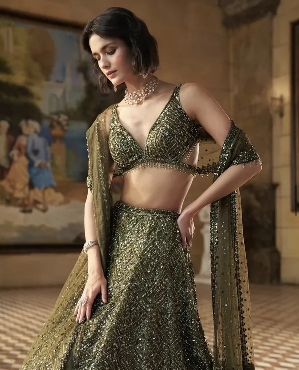 Olive_Green_Chinon_Silk_Flared_Embellished_Lehenga_Choli_For_Women