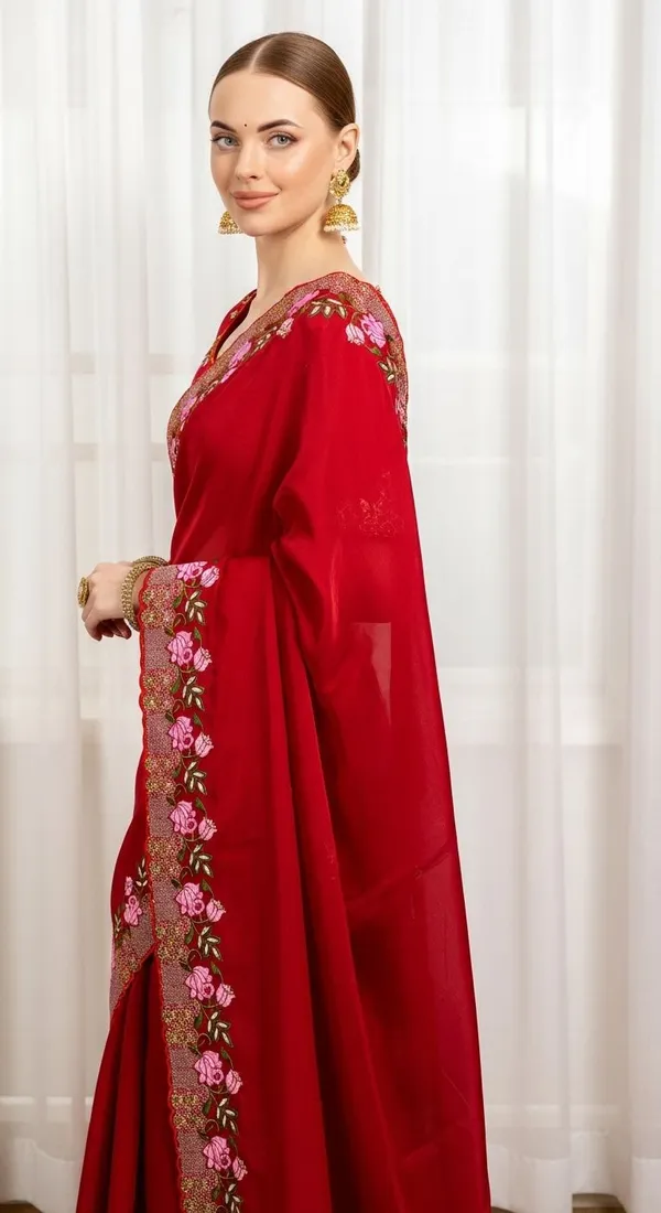Red_Jimmy_Choo_Silk_Floral_Embroidered_Saree_With_Blouse_Piece_For_Women