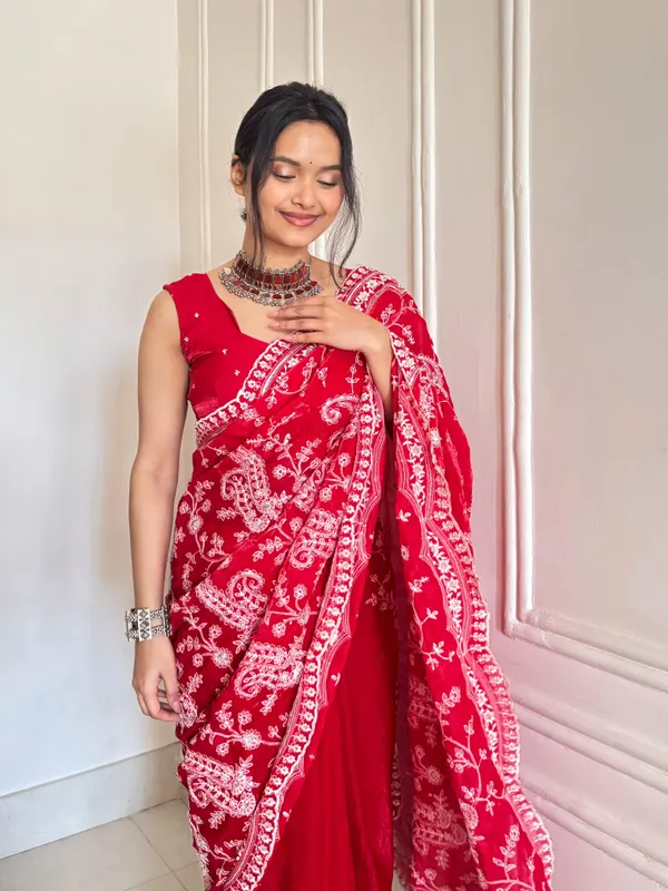 Red_Satin_Silk_Paisley_Embroidered_Saree_With_Blouse_Piece_For_Women