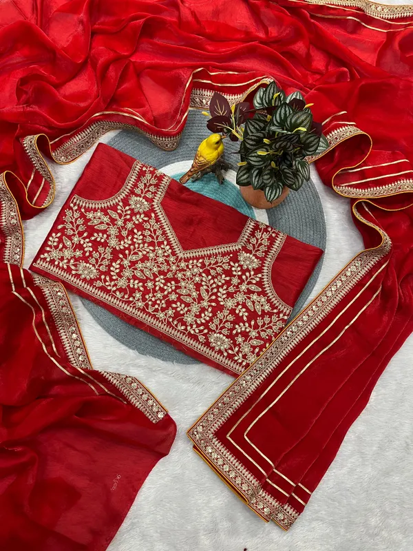 Red_Satin_Silk_Embroidered_Saree_With_Blouse_Piece_For_Women