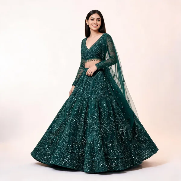Green_Net_Flared_Embellished_Lehenga_Choli_Set_For_Women
