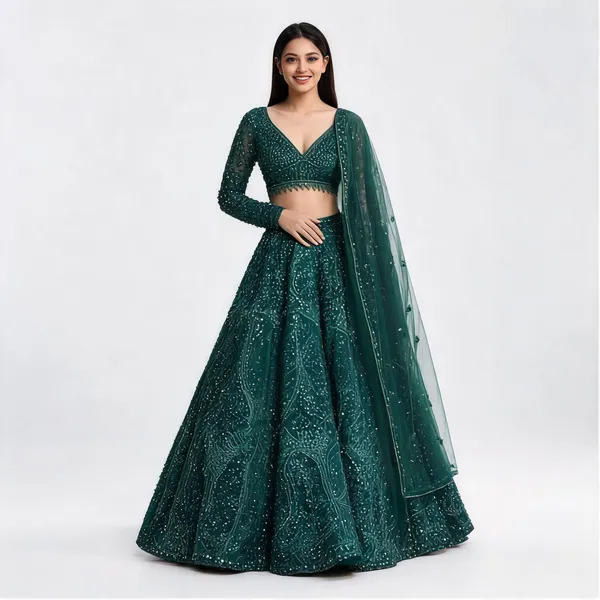 Green_Net_Flared_Embellished_Lehenga_Choli_Set_For_Women