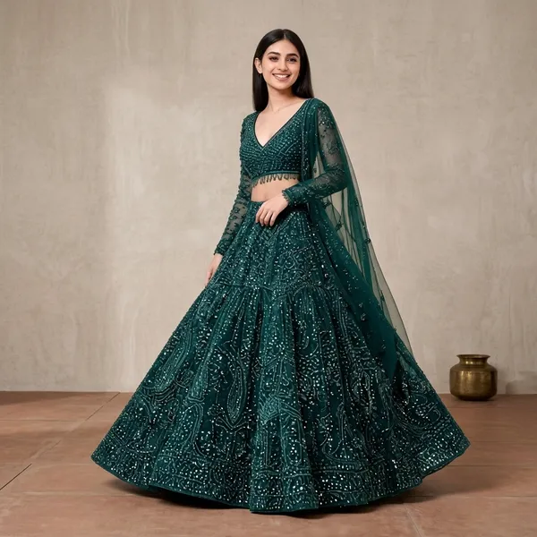 Green_Net_Flared_Embellished_Lehenga_Choli_Set_For_Women