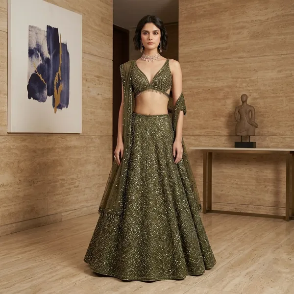 Olive_Green_Chinon_Silk_Flared_Embellished_Lehenga_Choli_For_Women