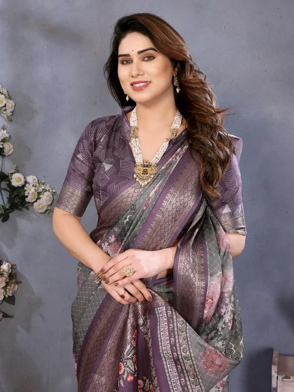 Wine_Cotton_Floral_Geometric_Printed_Saree_With_Blouse_Piece_For_Women