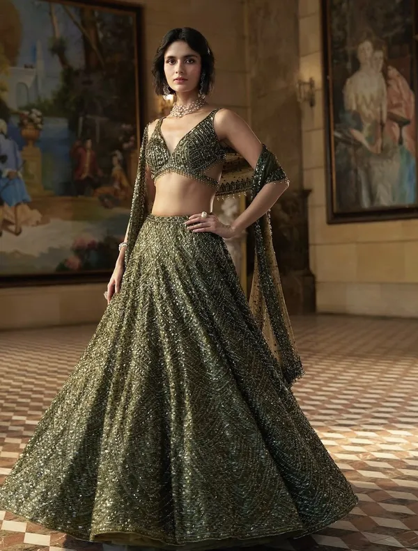 Olive_Green_Chinon_Silk_Flared_Embellished_Lehenga_Choli_For_Women