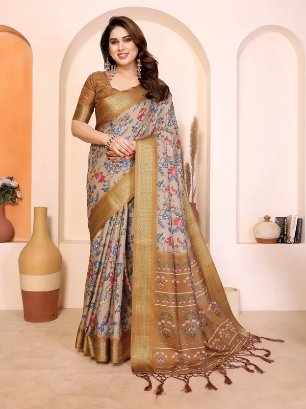 Brown_Cotton_Silk_Floral_Printed_Saree_With_Blouse_Piece_For_Women