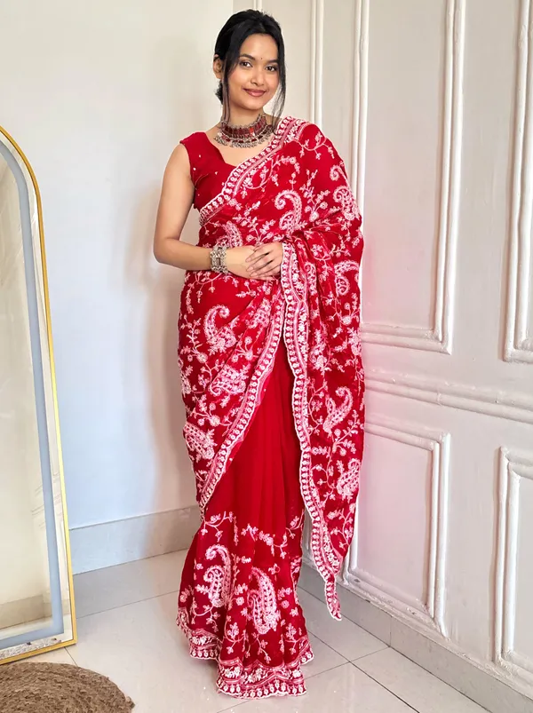 Red_Satin_Silk_Paisley_Embroidered_Saree_With_Blouse_Piece_For_Women