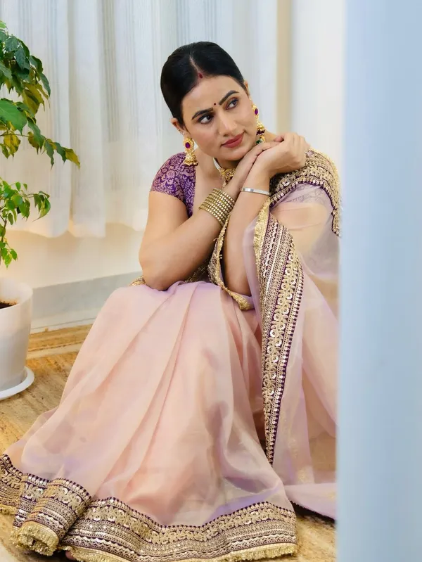 Peach_Twill_Net_Embroidered_Border_Saree_With_Blouse_Piece_For_Women