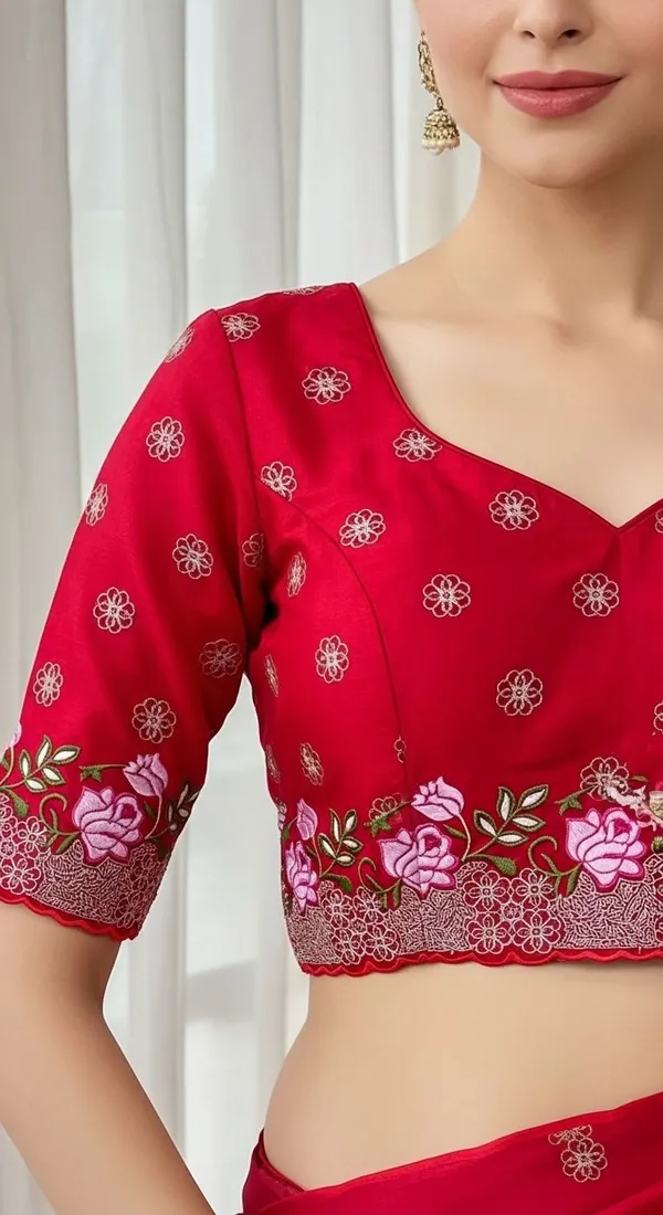 Red_Jimmy_Choo_Silk_Floral_Embroidered_Saree_With_Blouse_Piece_For_Women