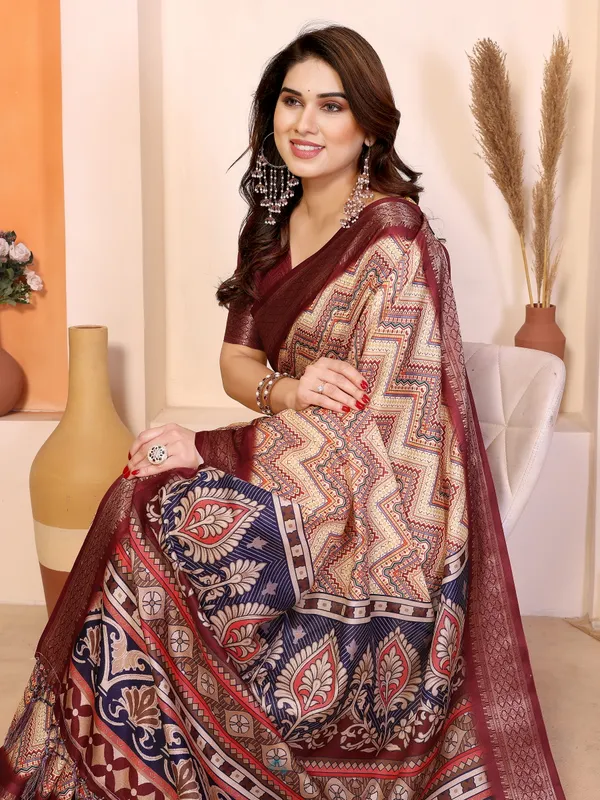 Maroon_Cotton_Silk_Geometric_Printed_Saree_With_Blouse_Piece_For_Women