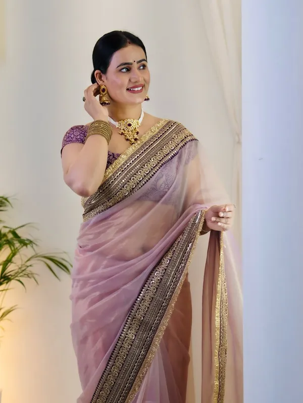 Peach_Twill_Net_Embroidered_Border_Saree_With_Blouse_Piece_For_Women