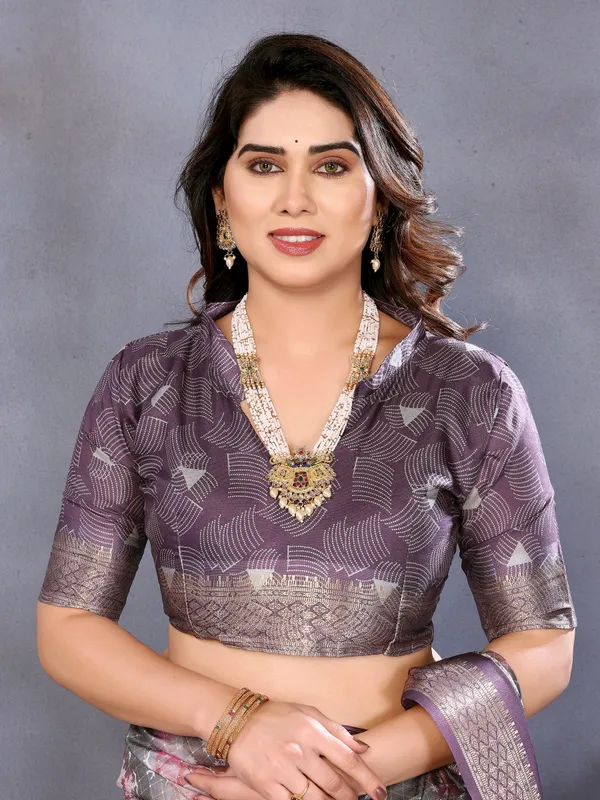 Wine_Cotton_Floral_Geometric_Printed_Saree_With_Blouse_Piece_For_Women