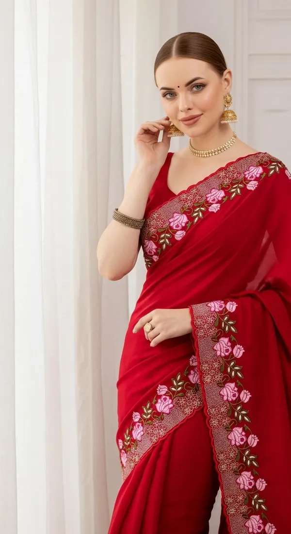 Red_Jimmy_Choo_Silk_Floral_Embroidered_Saree_With_Blouse_Piece_For_Women