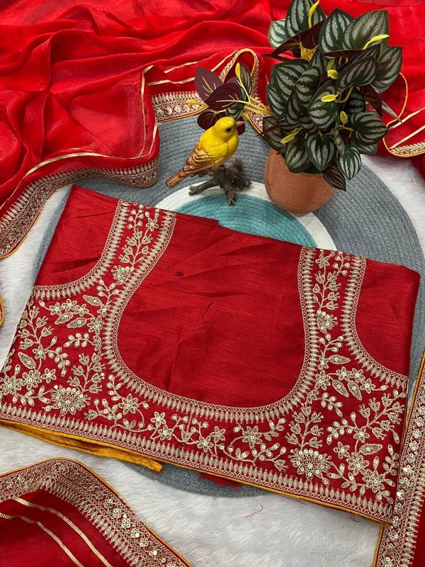 Red_Satin_Silk_Embroidered_Saree_With_Blouse_Piece_For_Women