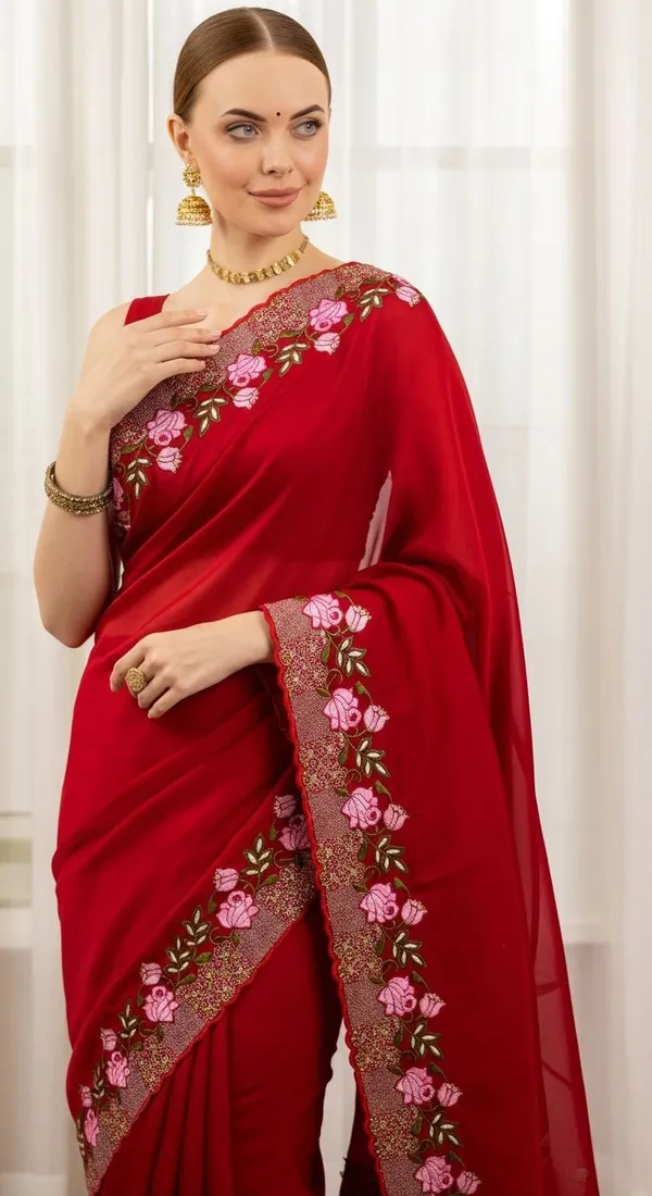 Red_Jimmy_Choo_Silk_Floral_Embroidered_Saree_With_Blouse_Piece_For_Women