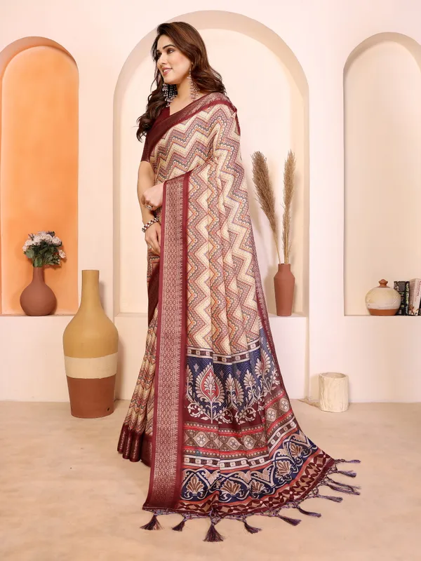 Maroon_Cotton_Silk_Geometric_Printed_Saree_With_Blouse_Piece_For_Women