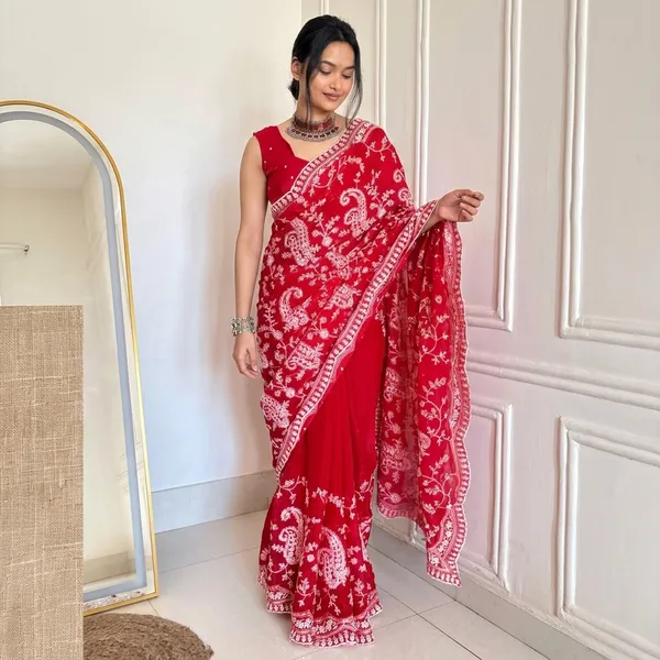 Red_Satin_Silk_Paisley_Embroidered_Saree_With_Blouse_Piece_For_Women