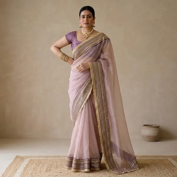 Peach_Twill_Net_Embroidered_Border_Saree_With_Blouse_Piece_For_Women